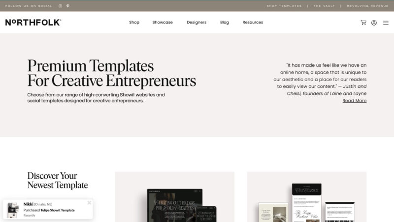 Elegant Showit website templates for creative entrepreneurs, featured on Northfolk's online marketplace.