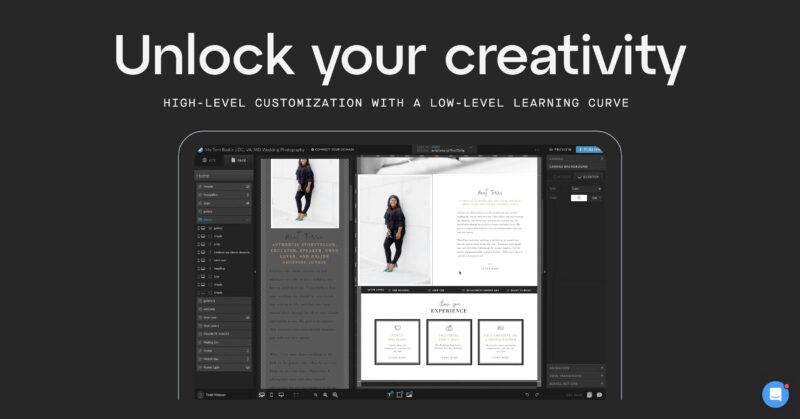 Showit interface on a computer screen with the text "Unlock your creativity" and "High-level customization with a low-level learning curve.