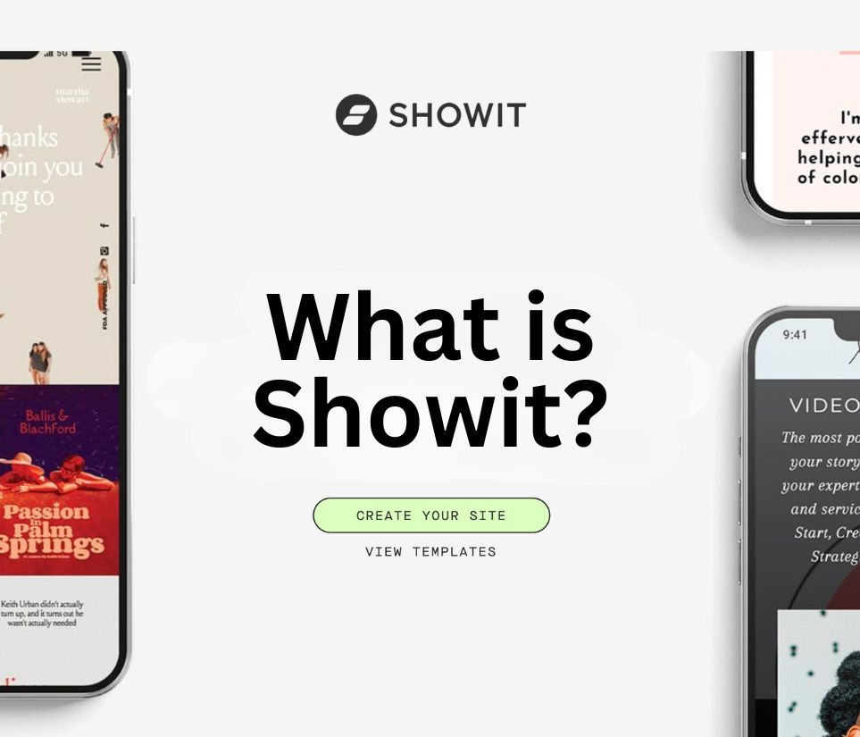 The Showit homepage redesigned to say 'What is Showit' with showit templates to the right and left of it.